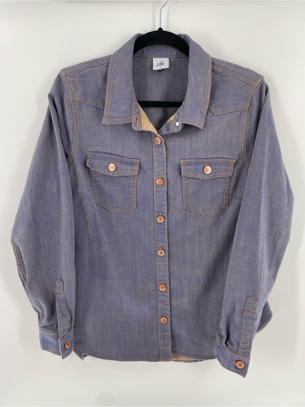 Cabi Workshop Denim Copper Tone Metal Button Western Country Stitching Shirt